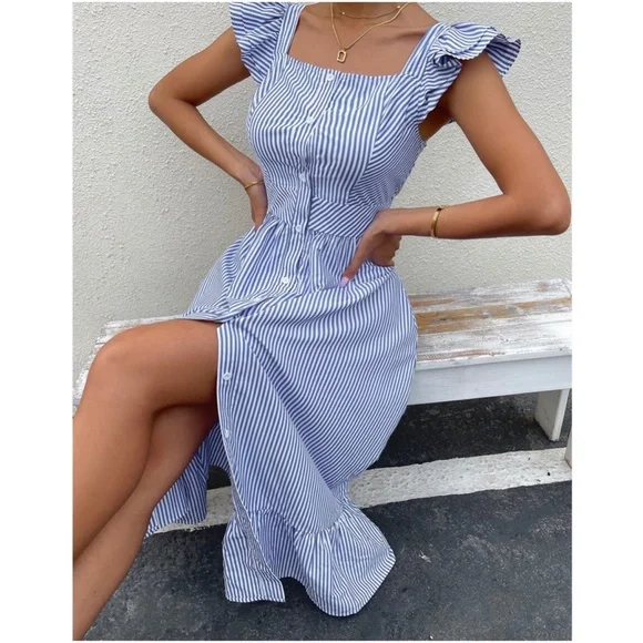 Boho Blue Stripes Ruffle Sleeve Button up Midi Dress - Picture 5 of 5